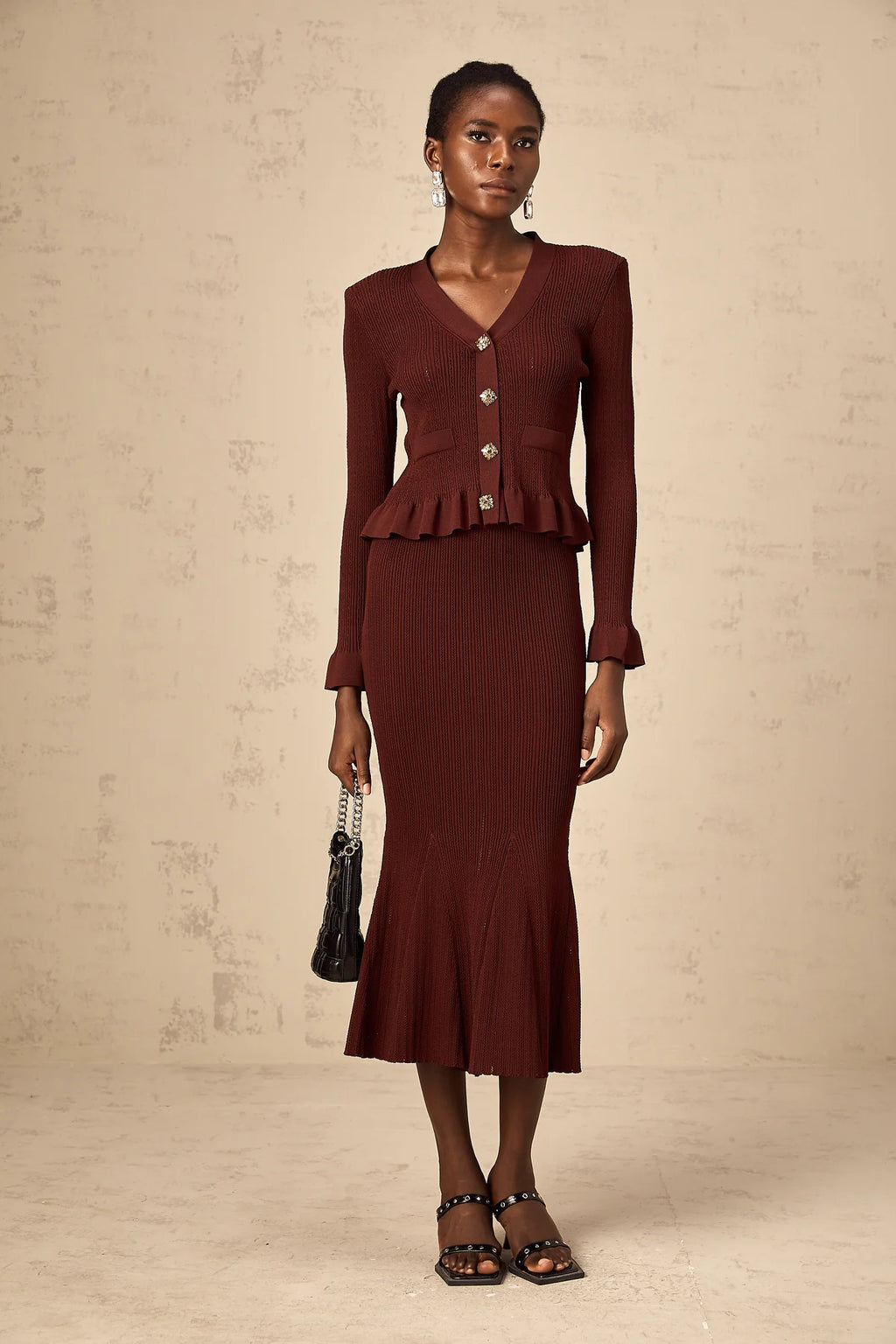 Maroon KNIT TOP & SKIRT MATCHING SET