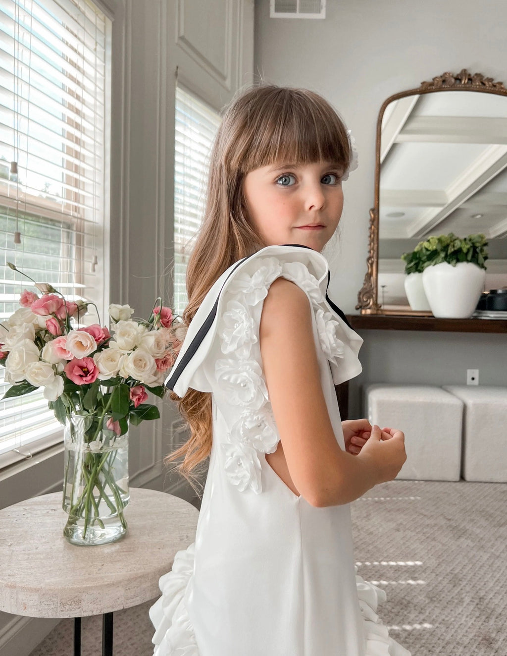 White ruffle dress black strip