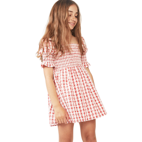 shirred dress in redgingham