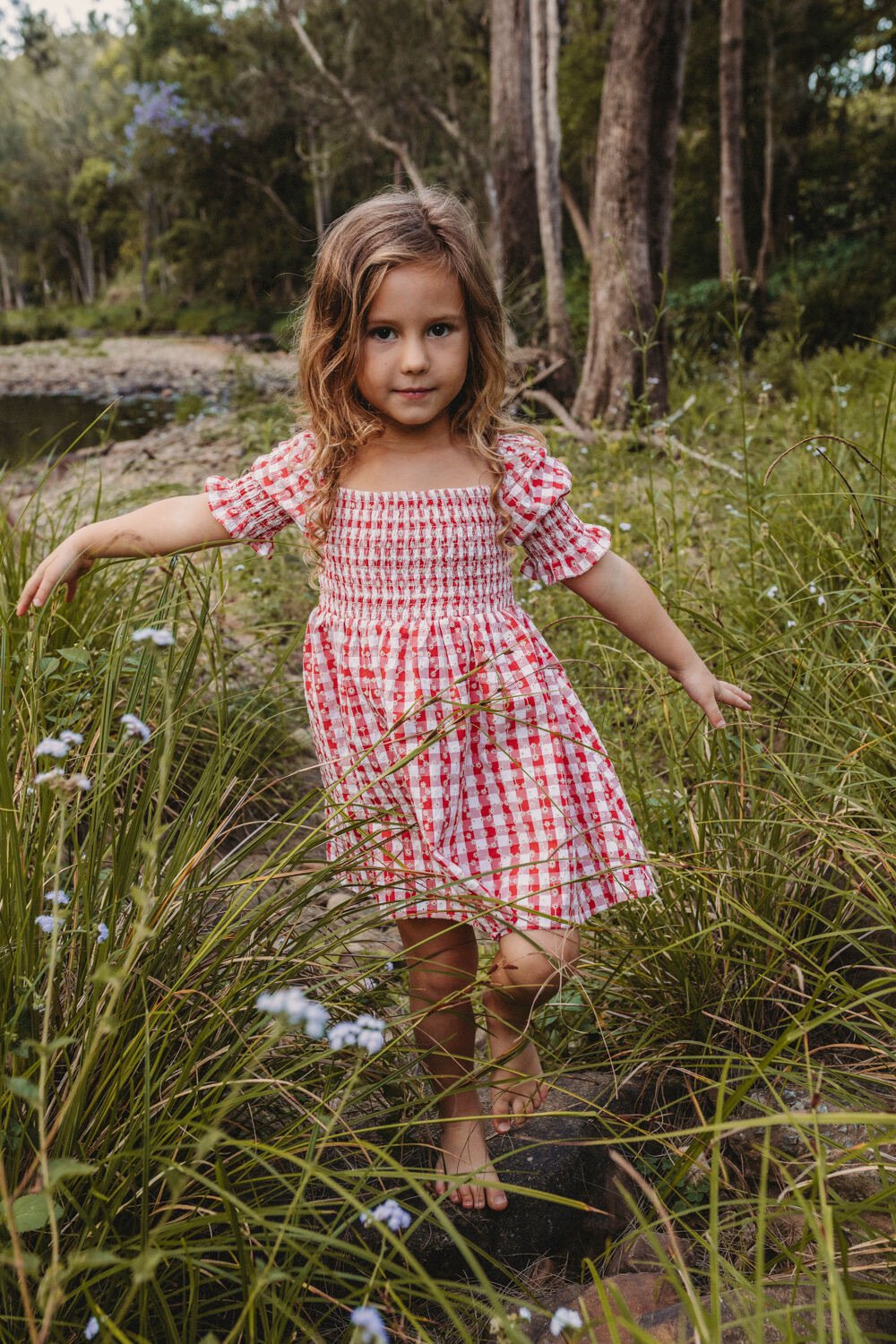 shirred dress in redgingham